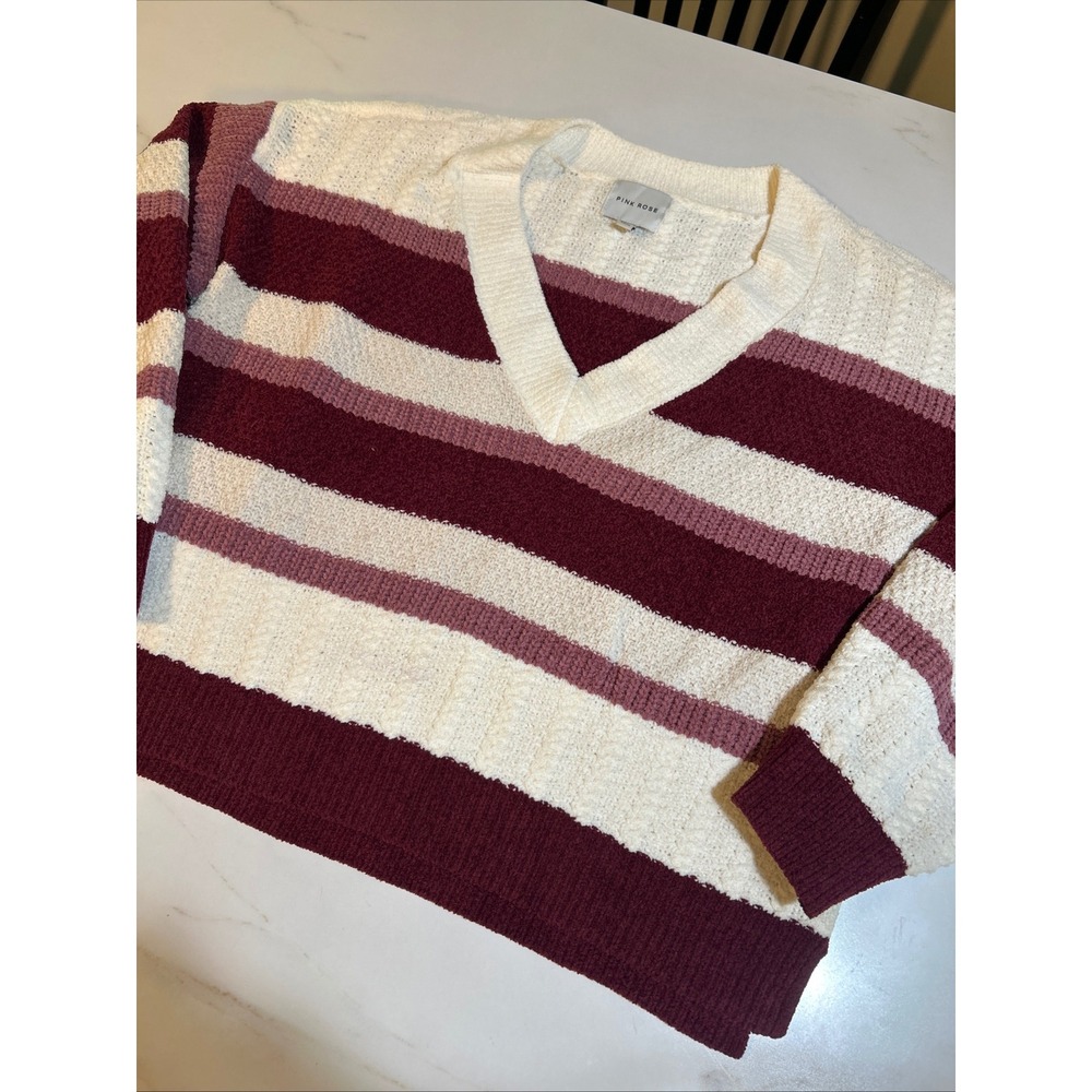 Pink Rose V-Neck Chenille Striped Sweater Burgundy Cream Mauve PF5S28184VM L